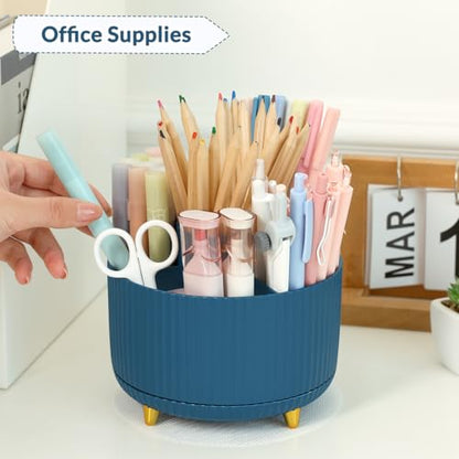 SKYDUE 360 Degree Rotating Desk Organizer, Dual-Purpose Pencil Pen Holder, Rotating Desk Pen Organizer with 5 Slots, Pencil Cup for Office, School, Home - color: Dark Blue