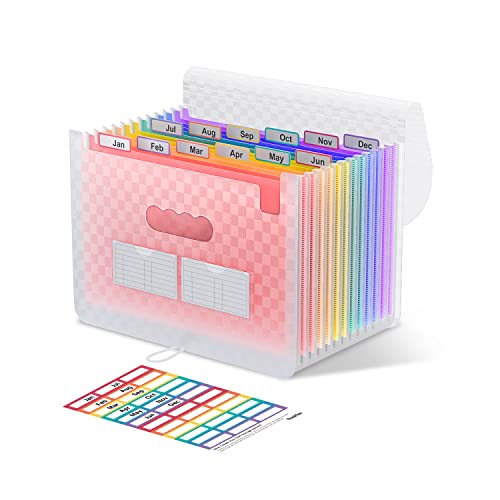 ThinkTex Accordion File Organizer, 12 - Pocket Expanding File Folders for Paper Receipts, Bills & Taxes Organizer, Letter/A4 Size Document Holder for School, Office, Home with Colorful tabs- Pink - color: Pink
