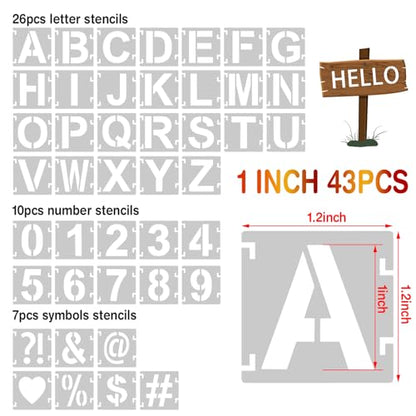 1 Inch Letter Stencils for Painting, 43 Pcs Reusable Alphabet Symbol Numbers Stencils Interlocking Kit for Painting on Wood, Wall, Fabric, Rocks, Chalkboard, Sign & DIY Art (1 inch) - size: 1 inch