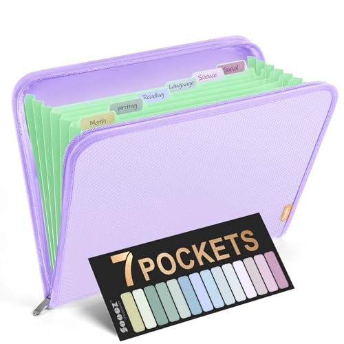 Sooez 7 Pockets Accordion File Organizer, Zipper Expanding File Folder, Heavy Duty Folder Organizer, Sleek Letter Size Accordion Folder, Portable Expandable File Folder for Documents, Purple - color: Purple, style: 7 Pocket