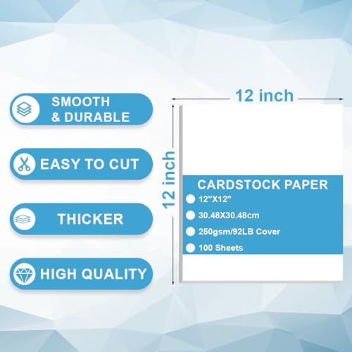 Cardstock Paper - Plain Heavy White Stock, Cover Stock Paper, 92lb(250 gsm) Cover Stock Paper, 12" x 12", 100 Sheets, Cardstock Paper for Printer, Resume, Scrapbooks, Art, Crafts, Business Cards - size: 12"x12"