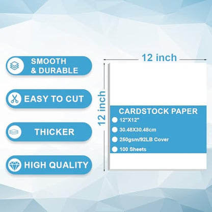 Cardstock Paper - Plain Heavy White Stock, Cover Stock Paper, 92lb(250 gsm) Cover Stock Paper, 12" x 12", 100 Sheets, Cardstock Paper for Printer, Resume, Scrapbooks, Art, Crafts, Business Cards - size: 12"x12"