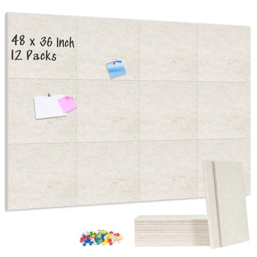 DOLLAR BOSS Felt Cork Board Tiles 48" x 36" Bulletin Board, 12 Pcs Beige | 1/2" Thick, Self Adhesive, Acoustic Soundproof Panels for Walls, Includes 120 Pushpins, For Home Office Kitchen School - color: Beige, size: 12 PCS