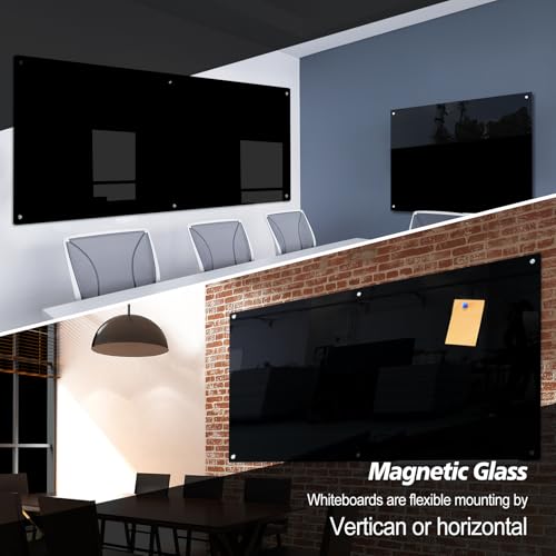 Magnetic Blackboard 72“ x 48” Black Glass Dry-Erase Board Wall-Mounted Frameless Whiteboard Bulletin Board Suitable for Offices, Schools, and Homes(Black) - size: 72"W x 48"H