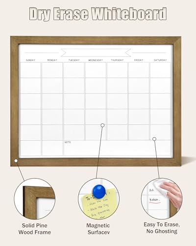 Dry Erase Monthly Calendar Whiteboard, Magnetic Surface White Board for Wall, Office/School/Home, Solid Pine Wood Rustic Brwon Frame Hanging Board & Planning Board, 13"x 17" (YL-RB-3343-B) - color: Rustic Brwon, size: 17"W x 13"H