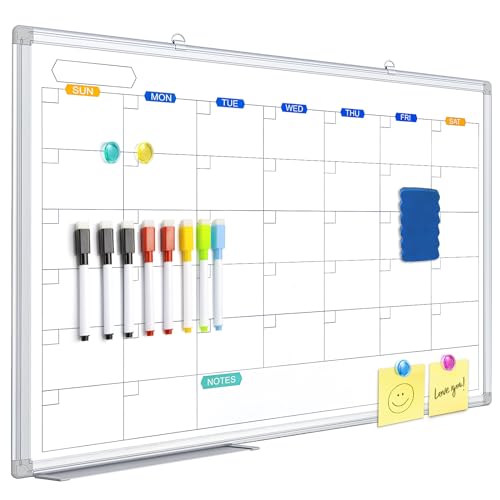 Dry Erase Calendar Whiteboard for Wall, 36" x 24" Magnetic Monthly White Board Calendar Dry Erase, Wall Hanging Aluminum Frame with Tray for Home, School, Office (Silver Frame) - size: 36"W x 24"H