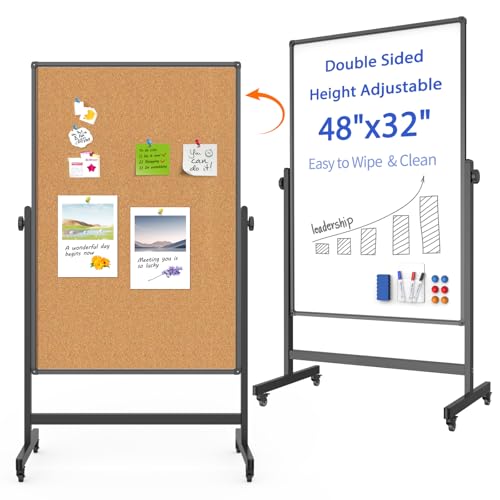 Double-Sided Whiteboard and Corkboard on Wheels, 48 x 32 Inch Magnetic Dry Erase Board with Adjustable Height Stand, Rolling Mobile Board for Office, Classroom, Presentation & Planning (Cork & Black) - color: Cork & Black, size: 32"W x 48"H
