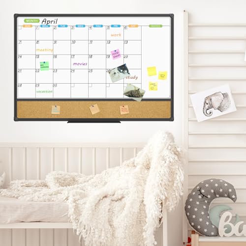 JILoffice Magnetic Calendar Whiteboard & Bulletin Corkboard Combination, Combo Board 36 x 24 Inch, Black Aluminum Frame Wall Mounted Board for Office Home and School with 10 Push Pins
