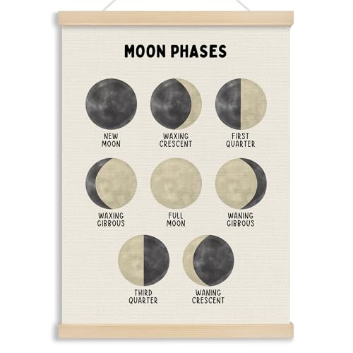 MOTERMATE Moon Phase Wall Decor Poster, Boho Moon Wall Art, Educational Learning Preschool Canvas Poster Hanger Frame, Homeschool Celestial Wall Hanging Banner Decor for Classroom Toddler, 12x16 Inch - color: Black and White