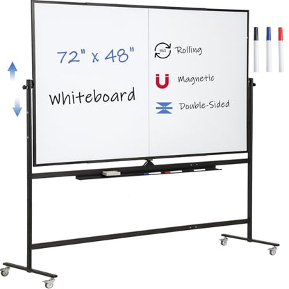 Large Magnetic Mobile Whiteboard 72"x48", Rolling Double Sided Stand Whiteboard on Wheels, Reversible Adjustable Height/Angle Dry Erase Board 6' x 4' Easel White Board for Office Classroom, Black - color: Black, size: 72"W x 48"H