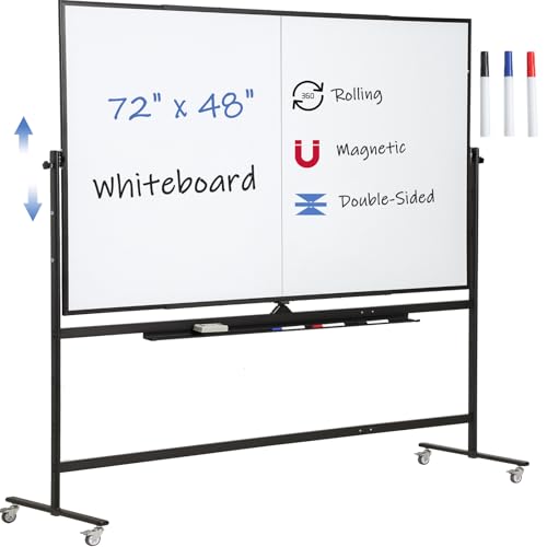 Large Magnetic Mobile Whiteboard 72"x48", Rolling Double Sided Stand Whiteboard on Wheels, Reversible Adjustable Height/Angle Dry Erase Board 6' x 4' Easel White Board for Office Classroom, Black - color: Black, size: 72"W x 48"H