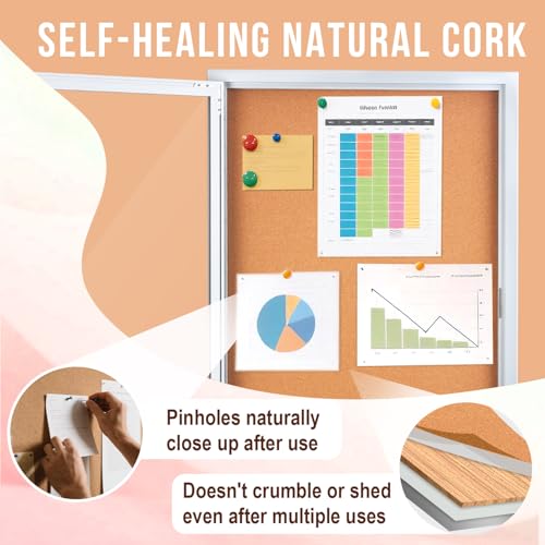 Enclosed Cork Bulletin Board 36"x24" Outdoor Weatherproof Cork Noticeboard with Locking Door Wall-Mounted Silver Aluminium Frame for Home, School, Office, Community, Hospital