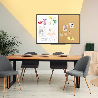 JILoffice White Board & Bulletin Corkboard Combination, Combo Board 36 x 24 Magnetic Whiteboard, Black Aluminum Frame Wall Mounted Board for Office Home and School with 10 Push Pins - size: 36"x24"-Black, style: vertical