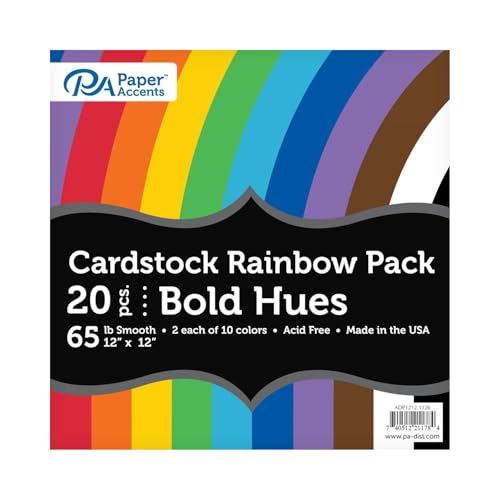 Accent Design Paper Accents Variety Pack, Rainbow Cardstock, Bold Hues, 12x12 Inch, 20 Pack, 65lb Coordinated Color Cardstock, Scrapbooking, Card Making, and Crafts - color: Bold Hues