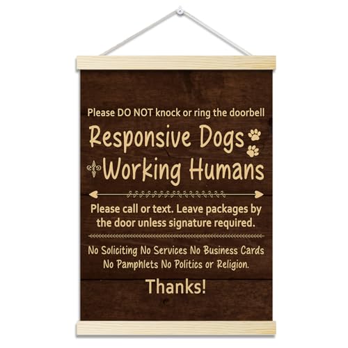 Dog Warning Posters Hanger Frame for Home Funny Dog Hanging Poster for Home Front Door Decor Do Not Knock Wall Art Decor for Dogs Mom Lovers Gifts Canvas Wall Art Print 16x12 Inches - YY054 - color: brown