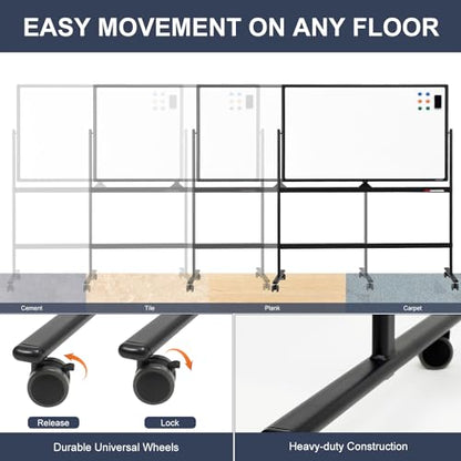 Dry Erase Whiteboard Easel on Wheels - TANKEE 70" x 36" Large Double Sided Mobile Whiteboard, Reversible Magnetic Rolling White Board for Home Office Classroom, Flip Chart Holders and Paper Pad - color: Black, size: 70"x36"