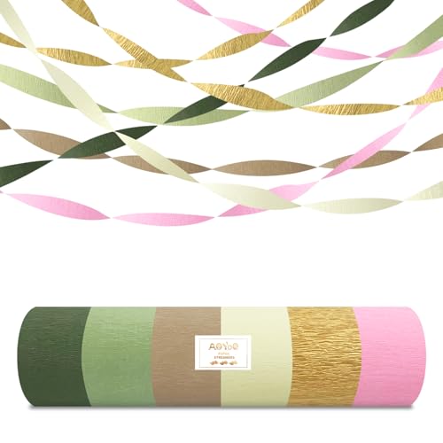 AOYOO Crepe Paper Streamers, 6 Rolls Sage Green Emerald Gold and Pink Party Streamers, Boho Party Decorations for Baby Shower, Woodland Birthday, Wedding and Safari Jungle Theme Supplies - color: Green Pink boho