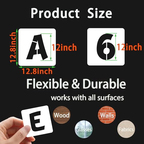 BAMIDELE 12 Inch Letter and Number Stencils, 40 Pcs Reusable Plastic Alphabet Spray Paint Stencils for Painting on Wood, Wall, Fabric, Rock, Chalkboard, Door Porch, Signage, DIY Craft Decoration - size: 12 Inch