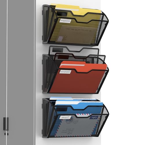 Docnest 3 Tier 3 Pack Magnetic Wall Mounted File Holders,Mesh Letter Organizer, Magnetic Hanging Mail Paper Document Organizer for Office, Home, School, Black - color: 3 Tier Magnetic Black-3 Pack