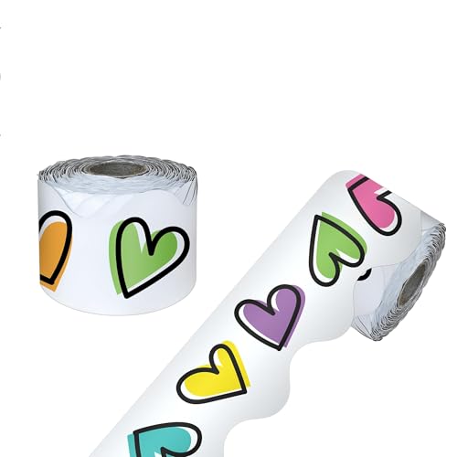 Carson Dellosa Kind Vibes 65Ft of Colorful Heart Bulletin Board Borders, 1 Roll of Scalloped Trim for Rolling Whiteboard, Posterboard, Party, Valentines Day Decorations, and Classroom Decor - color: Doodle Hearts, style: Scalloped