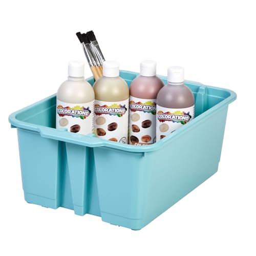 Really Good Stuff Stacking Bins, 14" x 10" x 5 .75" - 6 Pack, Water, Stackable Storage Plastic Bins for Classroom Organization, Home Storage, Office & Hospital Supplies