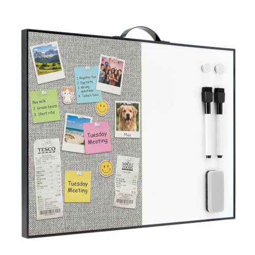 Small White Board Cork-Board Combo - 16 X 12 inches Gray Linen Board & Magnetic Dry Erase Board for Wall, Mini Bulletin Cork Board with Holder for Office, Home and School - color: Gray/White