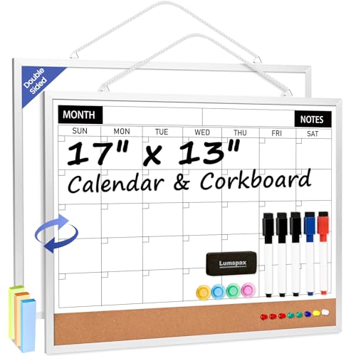 Calendar Whiteboard Monthly Dry Erase Calendar for Wall, 17"x13" Double-Sided Small White Board with Cork, Silver Aluminum Alloy Frame Hanging Wall Calendar for Home, Kitchen, Office, School