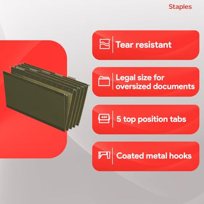 Staples Hanging File Folders, Legal Size, 1/5‑Cut Tabs, Standard Green, Includes Tabs & Paper Inserts – 50/Pack - style: 50 Pack