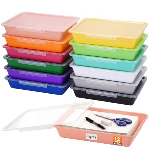 Tinlade 12 Pcs Classroom Paper Storage Bins with Clear Latching Lid, Label Stackable Letter Size Flat Tray Container for Teacher Back to School Supplies Home Office Desk Arts Crafts (Vibrant,13x10in) - color: Vibrant