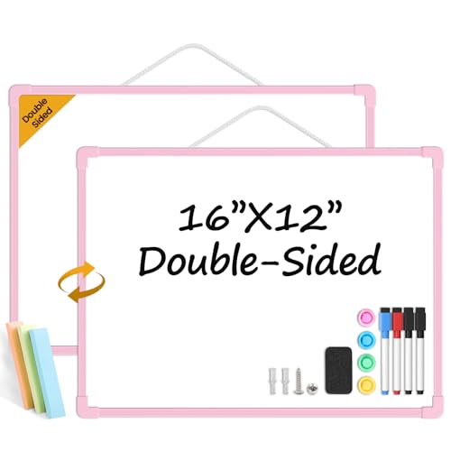 Pink Frame Small Dry Erase Board for Wall, 16" x 12" Double-Sided Hanging Whiteboard with 4 Markers, 4 Magnets and 3 Mini Sticky Notes, Portable Whiteboard for Kids, School, Home, Office - color: Pink, size: 16"x12"