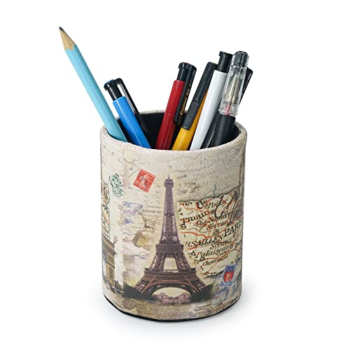 DreamsEden Vintage Pen Pencil Holder Cup Retro Desk Organizer for Home Office Living Room (Beige Paris Eiffel Tower Round) - color: Beige Paris Eiffel Tower Round