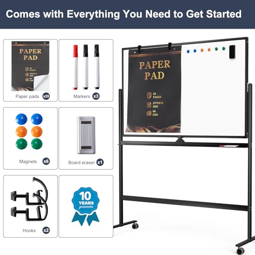 Dry Erase Whiteboard Easel on Wheels - TANKEE 48" x 32" Large Double Sided Mobile Whiteboard, Reversible Magnetic Rolling White Board for Home Office Classroom, Flip Chart Holders and Paper Pad - color: Black, size: 48"x32"