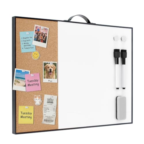 Small Cork Board Whiteboard Combo - 12" X 16" Portable Aluminum Black Framed Magnetic Dry Erase Board for Wall, Mini Bulletin CorkBoard with a Handle for Office, Home and School - color: Black- 1/3 Cork & 2/3 Whiteboard