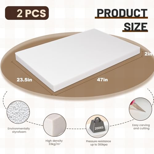 High Density XPS Large Foam Board, 2 Pack, 47x23.5x2in | Polystyrene Craft Foam Sheets, Rigid and Easy to Shape,DIY Modeling Art Projects, Cosplay Prop Production, Carve,Insulation - size: 47x23.5x2in-2pcs
