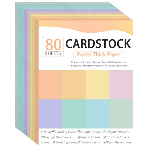 80 Sheets Cardstock Paper 8.5 x 11 Inches Thick Paper Card stock Colored Cardstock Papers 180gsm Solid Core Printer Papers for DIY Arts Crafts Card Making School Office Home Supplies (Pastel) - color: Pastel, size: 8.5x11in