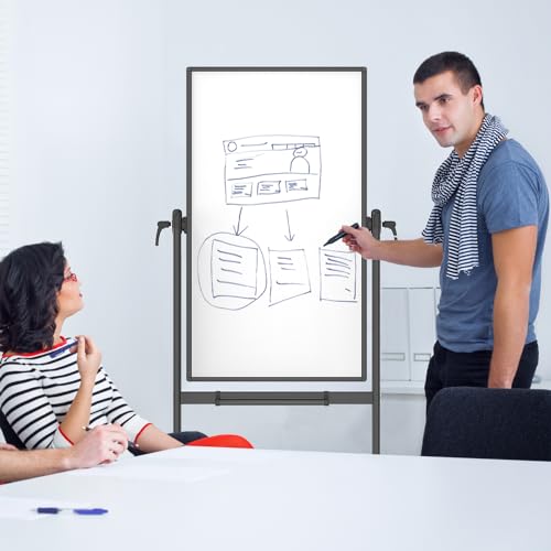 VIZ-PRO Double-Sided Magnetic Mobile Whiteboard, 48 x 24 Inches, Black Aluminium Frame and Stand - size: 48"W x 24"H