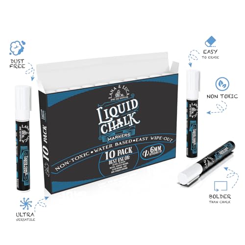 LANA & LUCA Liquid Chalk Marker Pen - White Dry Erase Marker - Chalkboard Markers for Signs, Windows, Blackboard, Glass - Reversible Tip (6mm, 20 Pack) - size: 10 Count (Pack of 2)