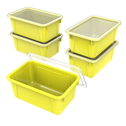 Storex Small Cubby Bins – Plastic Storage Containers for Classroom with Non-Snap Lid, 12.2 x 7.8 x 5.1 inches, Yellow, 5-Pack (62410A05C) - color: Yellow, size: 12.2 x 7.8 x 5.1 Inches, style: Bin with Cover