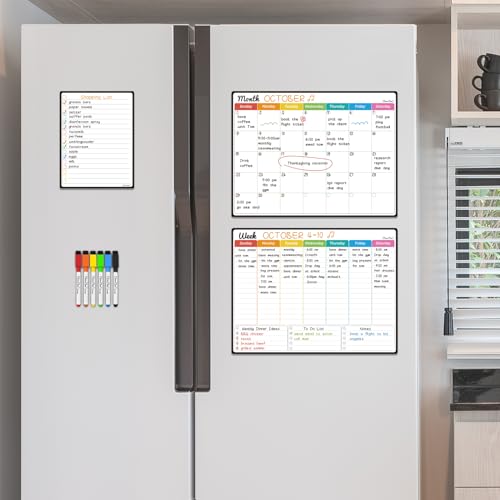 Magnetic Dry Erase Monthly Calendar Set - 14.5"x11" Monthly and Weekly Calendar, 6.5"x8.5" List Board for Fridge - 6 Extra Fine Point Markers Included - Shipped Flat - style: Month+Week+List