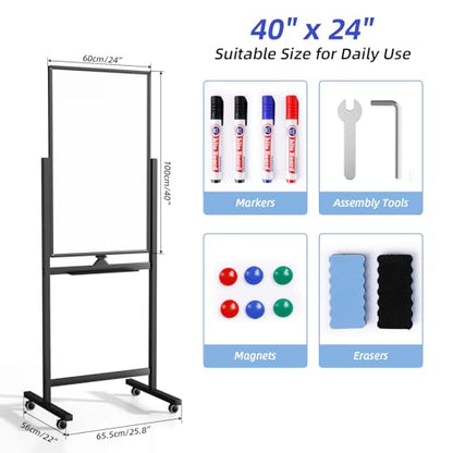 VOWNER Magnetic Mobile Whiteboard, 40" x 24" Double-Sided Dry Erase Board with Stand, Includes a Pen, Eraser, and Magnetic Buttons, Aluminum Frame Rolling Whiteboard for Home, Office, or Classroom