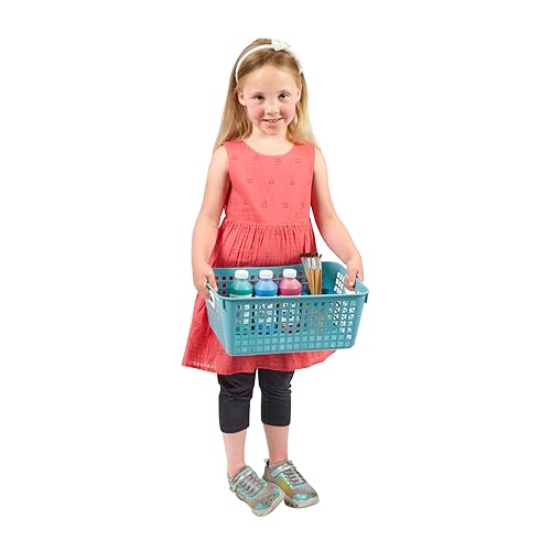 Really Good Stuff 160016WA Multi-Purpose Plastic Storage Baskets for Classroom or Home Use - Stackable Mesh Plastic Baskets with Grip Handles 13" x 10" (Water - Set of 12) - color: Water