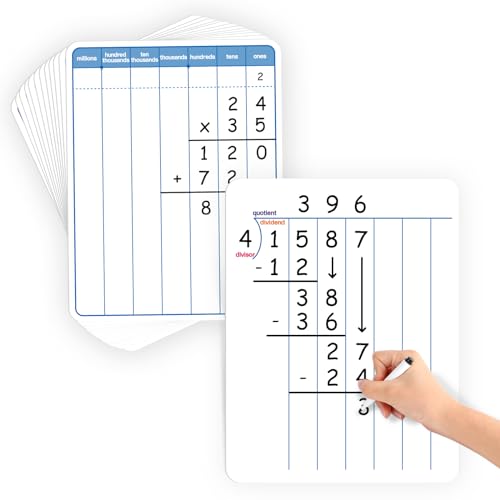 Aizweb 12 Pack Long Division Dry Erase Board Card,12" x 9" Multiplication Small Whiteboard Math Manipulatives for Kids Student Classroom Must Have Homeschool Teacher Supplies Learning Activities - style: 12 Pack Division