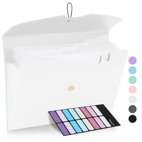 Sooez 7 Pocket Accordion File Organizer, Premium Expanding File Folder, Letter Size Folders for Documents, Sleek Filing Folders with Bungee Closure, Portable Folders for School Office Supplies, White - color: White