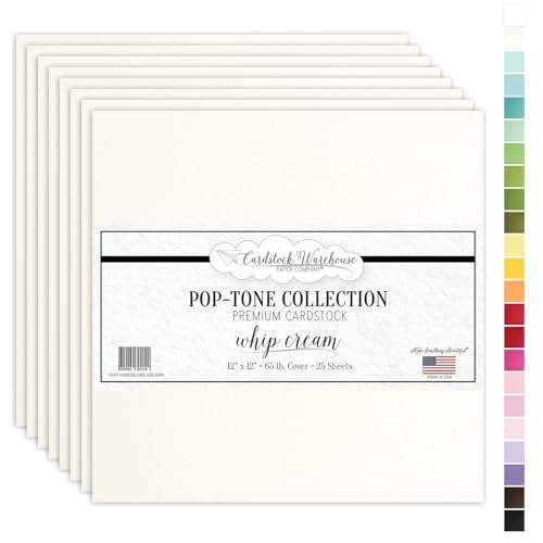Cardstock Warehouse Pop-Tone Whip Cream Card Stock Paper - 25 Sheets, 12 x 12" - 65 lb / 175 GSM Premium Cream Card Stock for Die-cutting, Crafts, Scrapbooking, Card Making and DIY Projects - color: Whip Cream