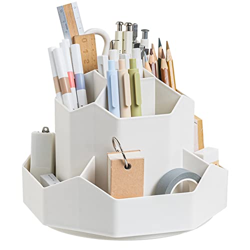 Rotating Art Supply Storage Organizer,Pencil Holder with 9 Compartment, Pen Storage Organizer, for Kids Art Desk, Homeschool Supplies, Home Office Desktop Organizer(White) - color: White