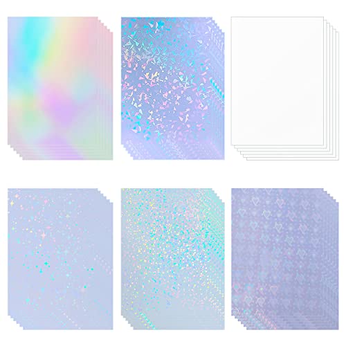 36 Sheets Holographic Sticker Paper Holographic Clear Vinyl Self Adhesive Waterproof Transparent Laminating Sheets Rainbow Overlay with A4 (11.7 x 8.3 Inch) 6 Styles Mixed - style: 36 mixed
