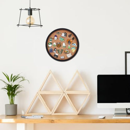 BENECREAT Flat Round Pin Board Cork Board, 7.87inch Bulletin Board Wall Mounted Display Board with Black Frame for Brooch Pin Storage Display, Office Home School Decor