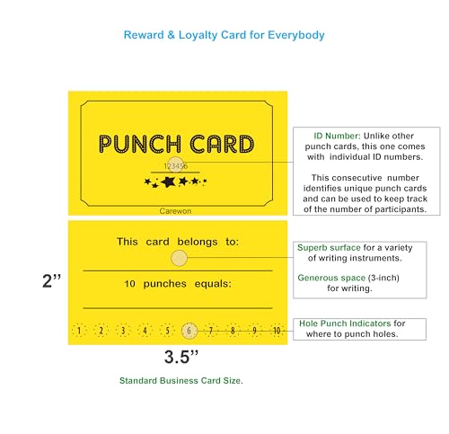 250 Punch Cards, Yellow, Incentive & Loyalty Reward Cards | 8 Color Options, Premium Cardstock, 10 Holes, Standard 3.5 x 2 Inch Business Card Size — Proudly Made in USA - color: Yellow