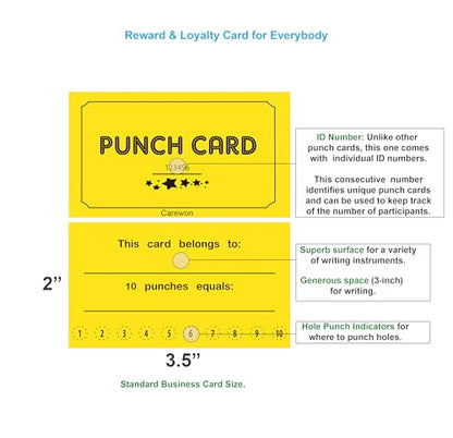 250 Punch Cards, Yellow, Incentive & Loyalty Reward Cards | 8 Color Options, Premium Cardstock, 10 Holes, Standard 3.5 x 2 Inch Business Card Size — Proudly Made in USA - color: Yellow