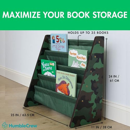 Humble Crew 4-Tier Kids Bookshelf, Camo Wood/Green - Premium Book Shelf for Kids Rooms with Four Deep Pockets - Toddler Sling Book Rack with Deep Sleeves, Nursery Bookcase Organizer - color: Camo Green